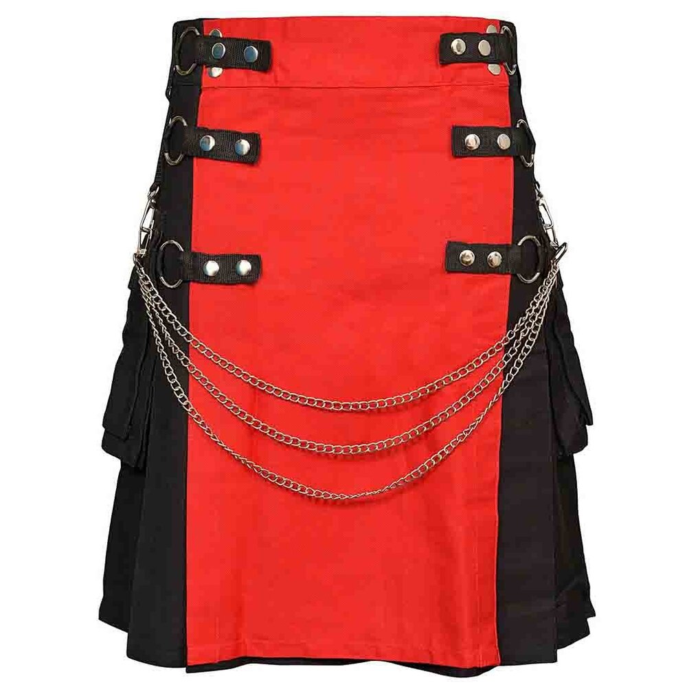 Black Utility Kilt with Removable Chains & Red Apron  Gothic Punk Men’s